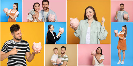 Collage with photos of people holding ceramic piggy banks on different color backgrounds. banner designの写真素材