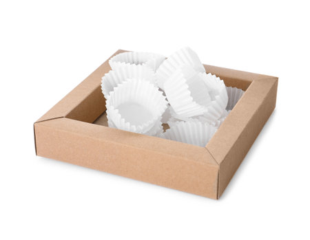 Empty box of chocolate sweets with candy paper cups isolated on whiteの写真素材
