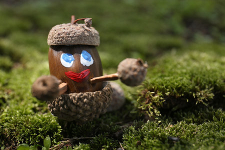Cute figure made of acorns on green moss outdoors, closeupの写真素材