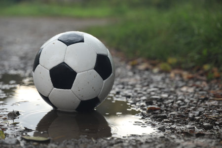 Leather soccer ball in puddle outdoors, space for textの写真素材