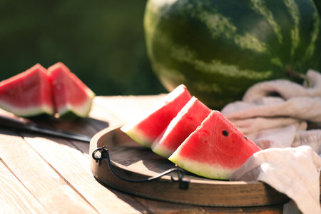 Slices of tasty ripe watermelon on wooden table outdoorsの写真素材