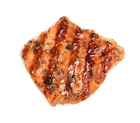 Piece of tasty grilled salmon on white background, top viewの写真素材
