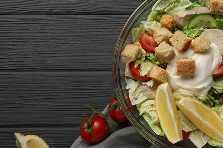 Bowl of delicious salad with Chinese cabbage, lemon, tomatoes and bread croutons on black wooden table, flat lay. Space for textの写真素材