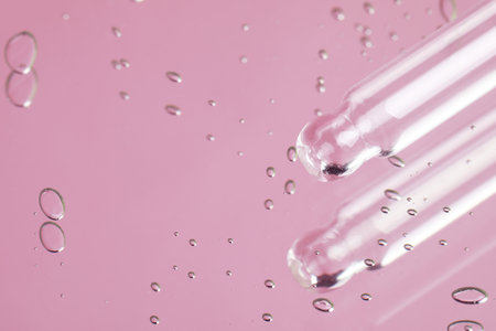 Pipette near serum drops on beautiful mirror, closeup with space for text. Toned in pinkの写真素材