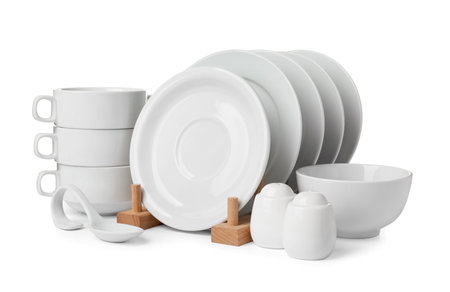 Set of clean dishware isolated on whiteの写真素材