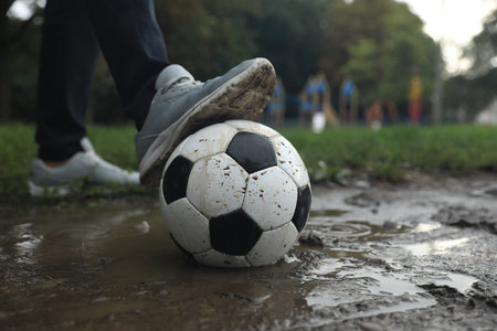 Man with dirty soccer ball in puddle outdoors, closeupの写真素材