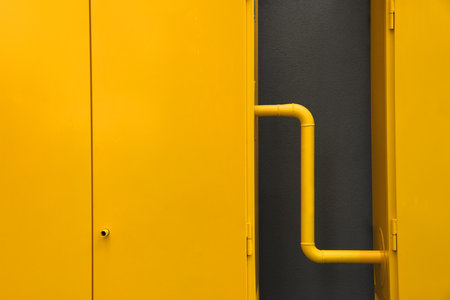 Yellow gas distribution cabinet near brown wallの写真素材