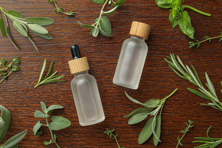 Bottles of essential oil and fresh herbs on wooden table, flat layの写真素材