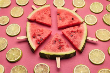 Tasty sliced watermelon and limes on red background, above viewの写真素材