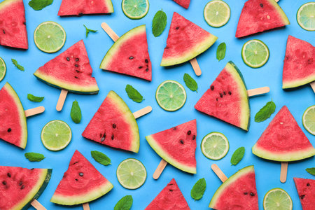 Tasty sliced watermelon and limes on light blue background, flat layの写真素材