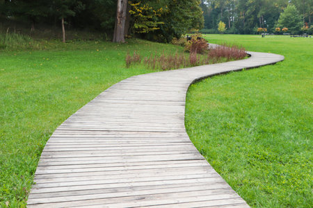 Beautiful public city park with pathway and green grassの写真素材