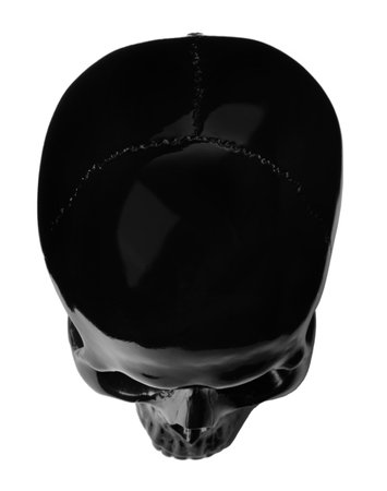 Black glossy skull isolated on white, top viewの写真素材