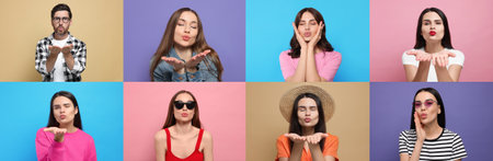 Collage with photos of people blowing air kisses on different color background. banner designの写真素材