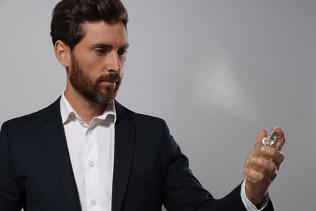 Handsome bearded man with bottle of perfume on light gray background. Space for textの写真素材