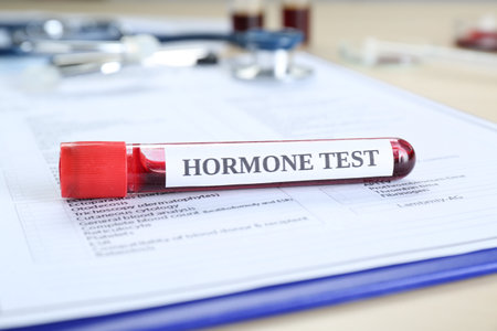 hormone test. Sample tube with blood and laboratory form on table, closeupの写真素材
