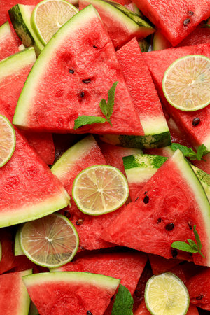 Slices of juicy watermelon with lime and mint as background, top viewの写真素材