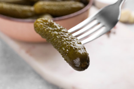 Fork with pickled cucumber over light table, closeupの写真素材