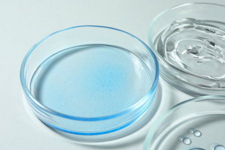 Petri dishes with color liquids on white background, closeupの写真素材