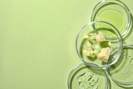 Flat lay composition with Petri dishes on light green background. Space for textの写真素材
