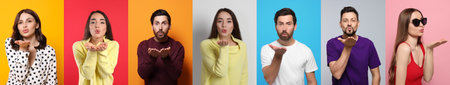 Collage with photos of people blowing air kisses on different color background. banner designの写真素材
