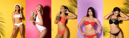 Collage with photos of women wearing bikini on different color backgrounds. banner designの写真素材