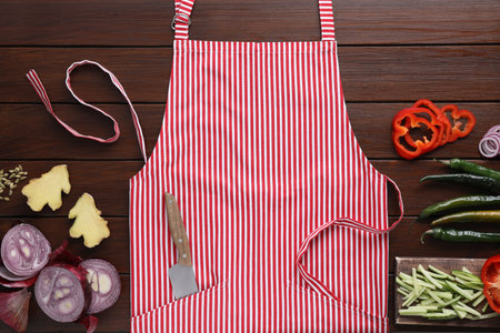 Flat lay composition with striped apron and different ingredients on wooden tableの写真素材