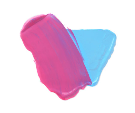Light blue and pink paint samples on white background, top viewの写真素材