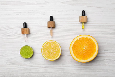 Pipettes with citrus essential oils and fresh fruits on white wooden table, flat layの写真素材