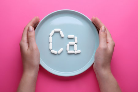 Woman holding plate with calcium symbol made of white pills on bright pink background, top viewの写真素材