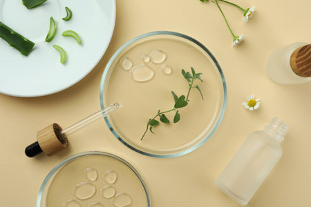 Flat lay composition with Petri dishes and plants on beige backgroundの写真素材