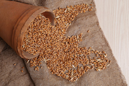 Overturned pot with scattered wheat grains on white wooden tableの写真素材