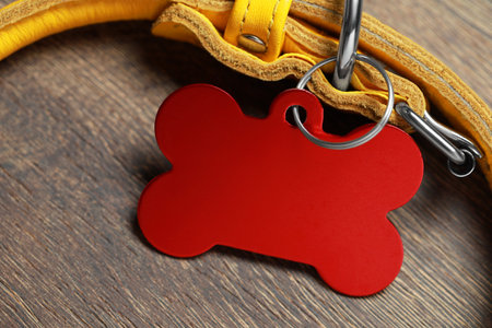 Yellow leather dog collar with red tag in shape of bone on wooden table, closeup. Space for text