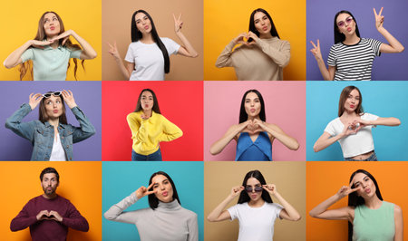 Collage with photos of people blowing air kisses on different color backgroundの写真素材