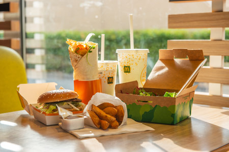 WARSAW, POLAND - SEPTEMBER 16, 2022: Big Mac hamburger, fried potatoes and cold drinks on table in McDonald's cafeのeditorial素材
