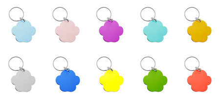 Set with multicolor dog tags on white background. banner design
