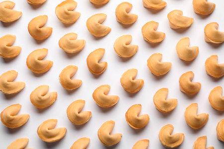 Many tasty fortune cookies with predictions on white background, flat lay