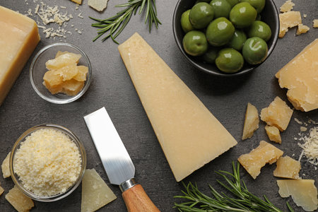 Flat lay composition with delicious Parmesan cheese on dark gray tableの写真素材