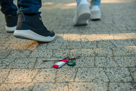 Men walking outside, focus on lost keys