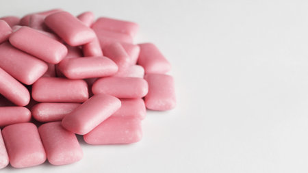 Sweet chewing gums on white background, closeup. Space for textの写真素材