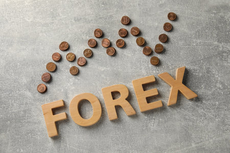 Word Forex made of wooden letters and stacked coins on gray table, flat layの写真素材