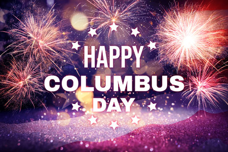 Text Happy Columbus Day on festive background with fireworks and glittersの写真素材
