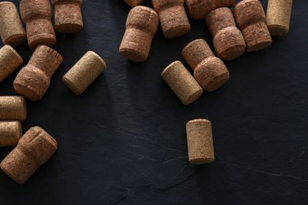 Wine bottle corks on black table, flat layの写真素材