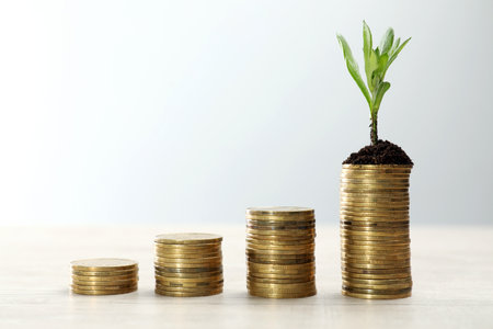 Stacks of coins with green seedling on white wooden table, space for text. investment concept