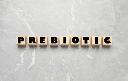Wooden cubes with word Prebiotic on light gray marble table, flat layの写真素材