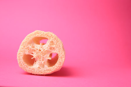 Natural loofah sponge on pink background, space for text