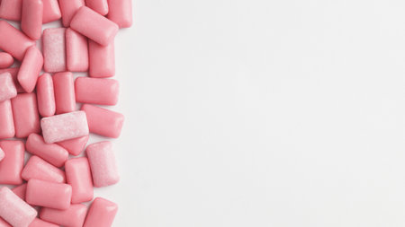 Sweet chewing gums on white background, top view. Space for text