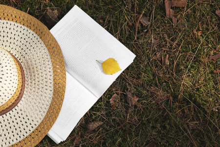 Open book, hat and leaf on grass outdoors, flat lay. Space for text