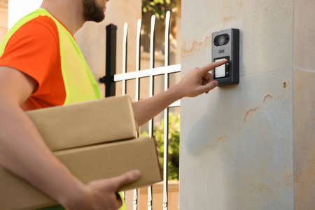 Courier in uniform with parcels ringing doorbell outdoors, closeup