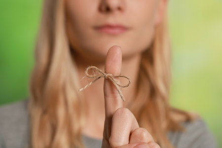 Woman showing index finger with tied bow as reminder against green blurred background, focus on handの写真素材