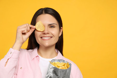 Beautiful woman holding potato chips near eye on orange background, space for textの写真素材